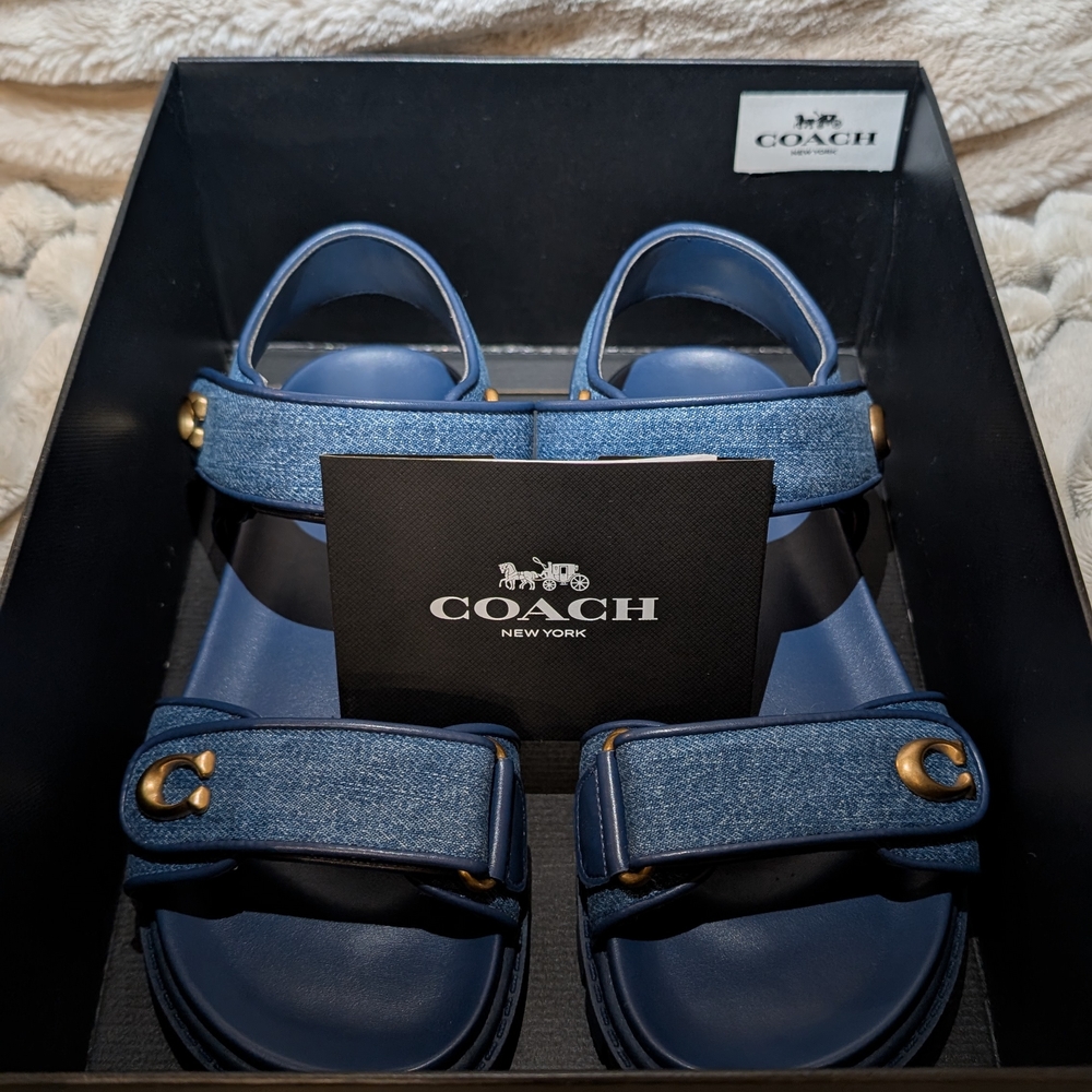 Coach Denim Blue Sandals with Gold Buckle - Picture 4 of 6